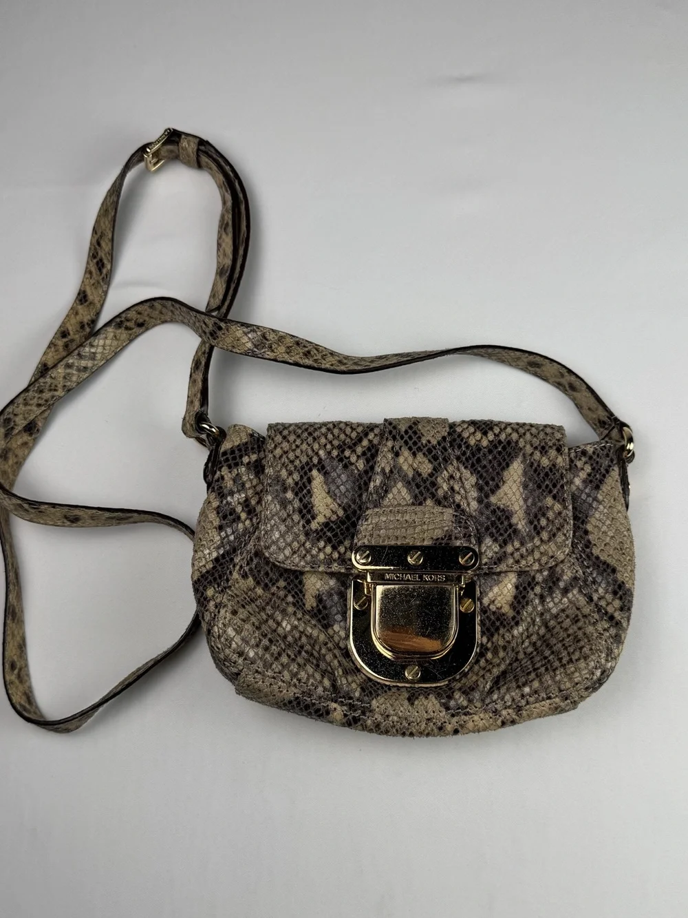 Michael Kors Snake-Print Crossbody in Beige and Brown with Gold Hardware Classy